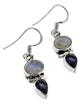 Genuine Rainbow Moonstone and Violet Iolite Sterling Silver Hook Earrings