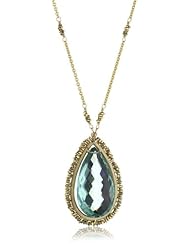 Dana Kellin Elegant Large Aqua Quartz Edged in Hand -Cut Metal Beads Pendant Necklace
