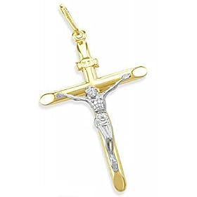 14K YELLOW and WHITE GOLD CROSS CRUCIFIX CHARM PENDANT by Shoman Jewels