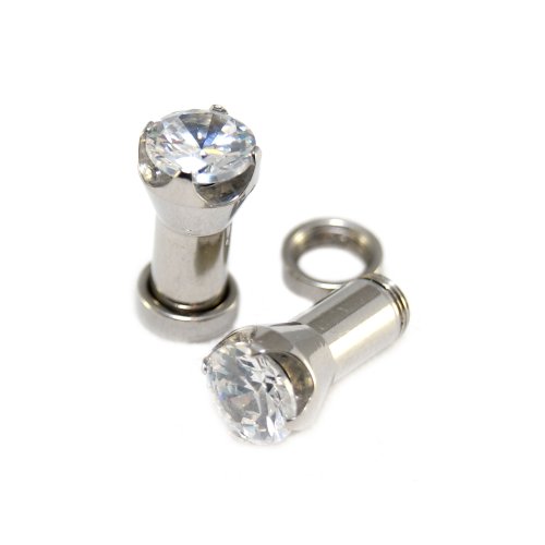 4G = 5mm Screw-on / fit Clear Solid CZ Prongs Setting Ear Plugs Retainers, 1 Pair, Silver
