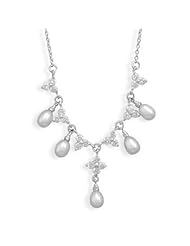 Pearl and Cubic Zirconia CZ Flower Neckklace Rhodium Sterling Silver Vintage Look Adjustable Length