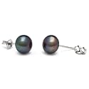 Pair of 8.0-9.0 mm, Button-Shape, Black Freshwater Pearl Stud Earrings