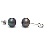 Pair of 8.0-9.0 mm, Button-Shape, Black Freshwater Pearl Stud Earrings