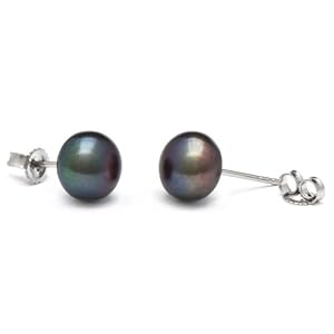 Pair of 8.0-9.0 mm, Button-Shape, Black Freshwater Pearl Stud Earrings