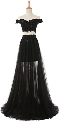 Fanjieshi Ltd. Black Long Two Pieces Prom Lace Tulle Dress Evening Gown (2, black)