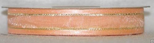 3/8" Organza Ribbon With Satin &amp; Metallic Gold / Silver Edge 25 Yard Roll ( Peach &amp; Gold )