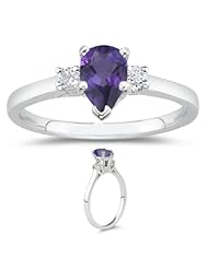 0.10 Cts Diamond & 0.55 Cts of 7x5 mm AAA Pear Amethyst Classic Three Stone Ring in 14K White Gold