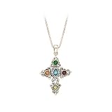 Sterling Silver Multicolor Stone Cross Pendant with Chain