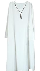 V-neck Full Length Cotton/Linen Long Sleeves  Dress
