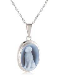 Sterling Silver Italian Blue Agate Golden Retriever Sitting Dog Cameo Pin-Pendant Necklace, 18"