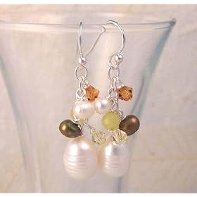 Sterling Silver Pearls, Swarovski Crystals, and Lemon Quartz Stones Cluster with Pearl Drop...
