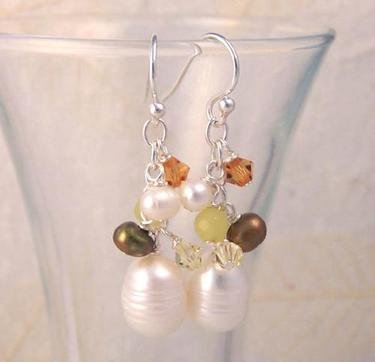 Click here to buy Sterling Silver Pearls, Swarovski Crystals, and Lemon Quartz Stones Cluster with Pearl Drop....