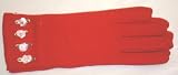 One Size Red Wool Jersey Gloves Trimmed with Rhinestone Center Pink Satin Rosebuds