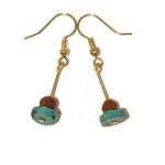 Turquoise Earrings 02 Dangle Rudraksha Holy Brown Seed Blue Crystal Healing Stone Genuine Gem Gold Plated1.5