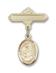 14K Gold Baby Badge with St. Elizabeth of the Visitation Charm and Polished Badge Pin