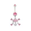 Stainless Steel Belly Ring with Pink Crystals - Dangling Skull with Crossbones
