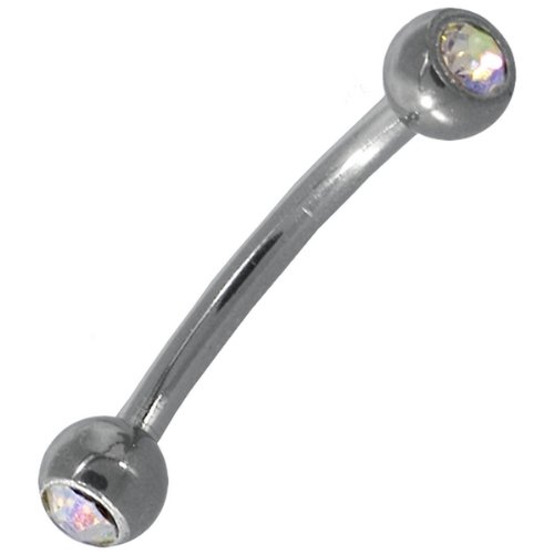 RAINBOW CZ Solid Titanium G23 Double Gem Eyebrow Ring Barbell - 16 Gauge