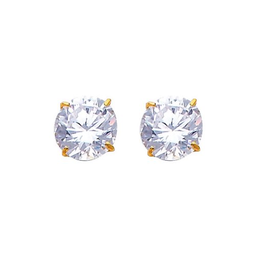 14K Yellow Gold 7mm Round CZ Solitaire Basket Setting Stud Earrings with Screw-back