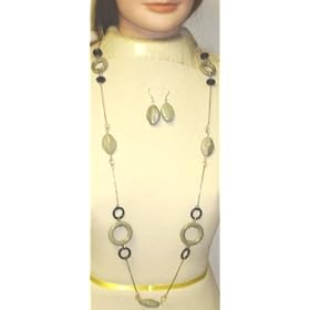 Silver Plated Long Chain Necklace with Large Grey Circle and Other Beads Earrings for Women and...