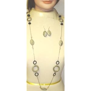 Silver Plated Long Chain Necklace with Large Grey Circle and Other Beads Earrings for Women and...
