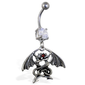 Navel ring with dangling entwined dragons