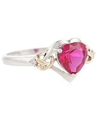 XPY Sterling Silver and 14k Yellow Gold Diamond and Heart-Shaped Created Ruby Ring (0.03 cttw, I-J Color, I3 Clarity)