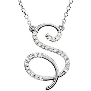 14K White Gold Alphabet Initial Letter S Diamond Pendant Necklace, , 17