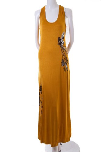 Rio Feather Metallic Foil Chain Print Racerback Jersey Maxi Long Dress