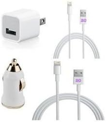 White iPhone 5s/5c/5 Car & Wall Charger Set - Set Includes (2) 8 pin to USB 2.0 Charging Data Sync Cables with USB Car Charger Adapter and USB Wall Charger Adapter for iPhone 5, iPod Touch 5, iPod Nano 7, and iPad Mini by HTG