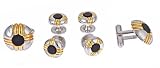 Modern gold plated and silver plated cufflinks and shirt stud set with central onyx accent with presentation box. Made in the USA.