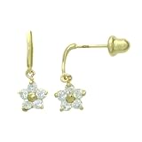 14K Gold Stud Earring White CZ Cluster Drop Yellow Gold Earring With Screw-Back For Kids & Teens