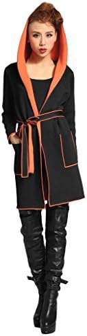 Parabuy Women's Self Tie Lapel Slant Pocket Contrast Color Hooded Wind Coat, Black, 4