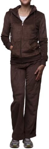 Women's Velour Jogging Hooded Fur Trim Jacket & String Pants Brown Large