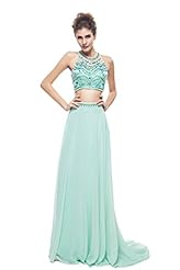 Chiffon Halter Beaded Crystal  Open-Back Party Dress  With Rhinestones