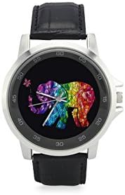 Unique Gifts Classic Colorful Elephant With Flower Unisex Stainless Steel Leather Strap Watch