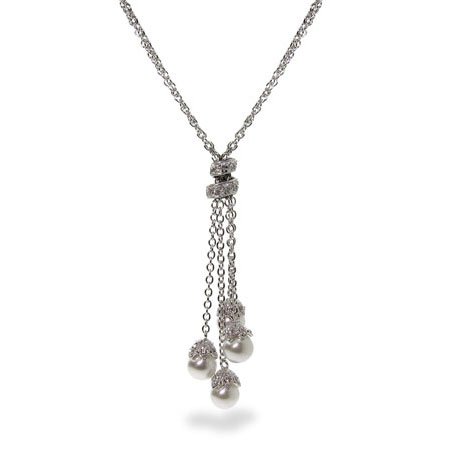 Eve's Addiction Sterling Silver Four White Pearl Dangle Necklace