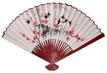 Unique Asian Art, D&eacute;cor Gifts - 42" Japanese White Painted Wall Fan - Red Flowers & Birds #1