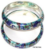 Sterling Silver Bangle Bracelet Pair with Enamelled Painting Handcrafted 63 gms. 2.6 "