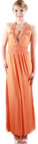 JD-300 Women's Solid Color Maxi Dress, Orange, Large