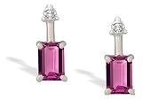 14K White Gold Genuine Emerald-cut Pink Tourmaline and Diamond Drop Earrings