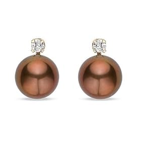 8-8.5mm Cultured Freshwater Chocolate Pearl and 1/10 Carat Diamond 14K Yellow Gold Earrings