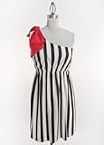 IMAGE OF Gorgeous Judith March One Shoulder Black & White Striped Dress with Large Red Shoulder Bow Accent, Large