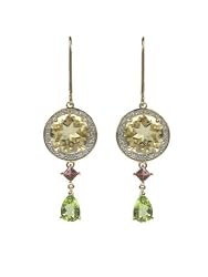 14k Yellow Gold Lime Quartz, Peridot and Pink Tourmaline Earrings