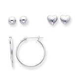 14k White Gold 6mm Ball Heart and Hoop Set of Earrings