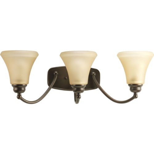 Progress Lighting P2911-20 3-Light Wall Bracket with Modern Trumpet Glass Shades In A Soft Etched Tea-Stained Finish, Antique Bronze