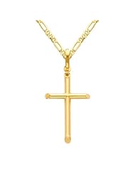 14K Yellow Gold Classic Cross Charm Pendant with Yellow Gold 2mm Figaro Chain Necklace with Lobster Claw Clasp - Pendant Necklace Combination (Different Chain Lengths Available)