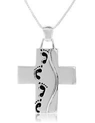 Sterling Silver "God Said, When You Saw Only One Set Of Footprints It Was Then That I Carried You" Reversible Cross Pendant Necklace , 18"