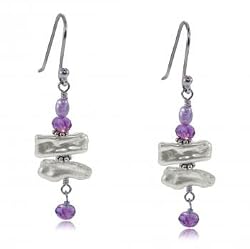Purple / White Freshwater Pearl & Amethyst Dangle Earrings in Sterling Silver