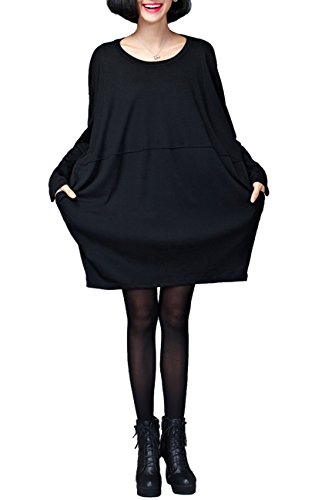 ELLAZHU Women Long Sleeve Solid Crew Neck Side Pockets Shirtdress GA05 Black