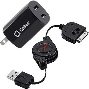 Cellet Retractable Dual-Port USB Travel / Home Charger for iPhone 3GS iPhone 4 & iPod